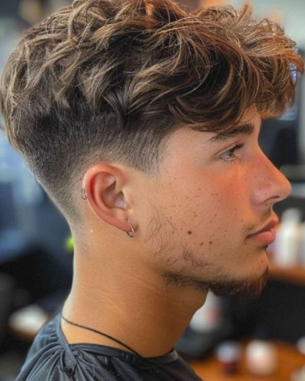 Long Wavy Fringe haircut with Taper Fade