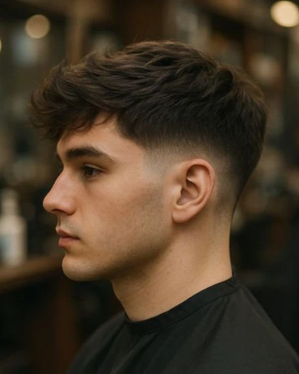 Thick Textured Crop Fade with Brushed Up Fringe